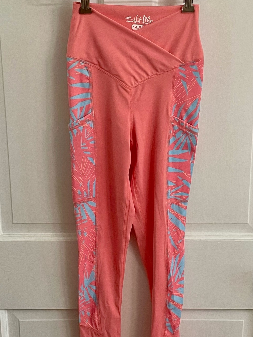 Salt Life Coral Leggings with Light Blue Palm Panels
